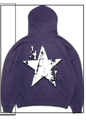 Purple hoodie with a star design on the back, shown from front and back views.